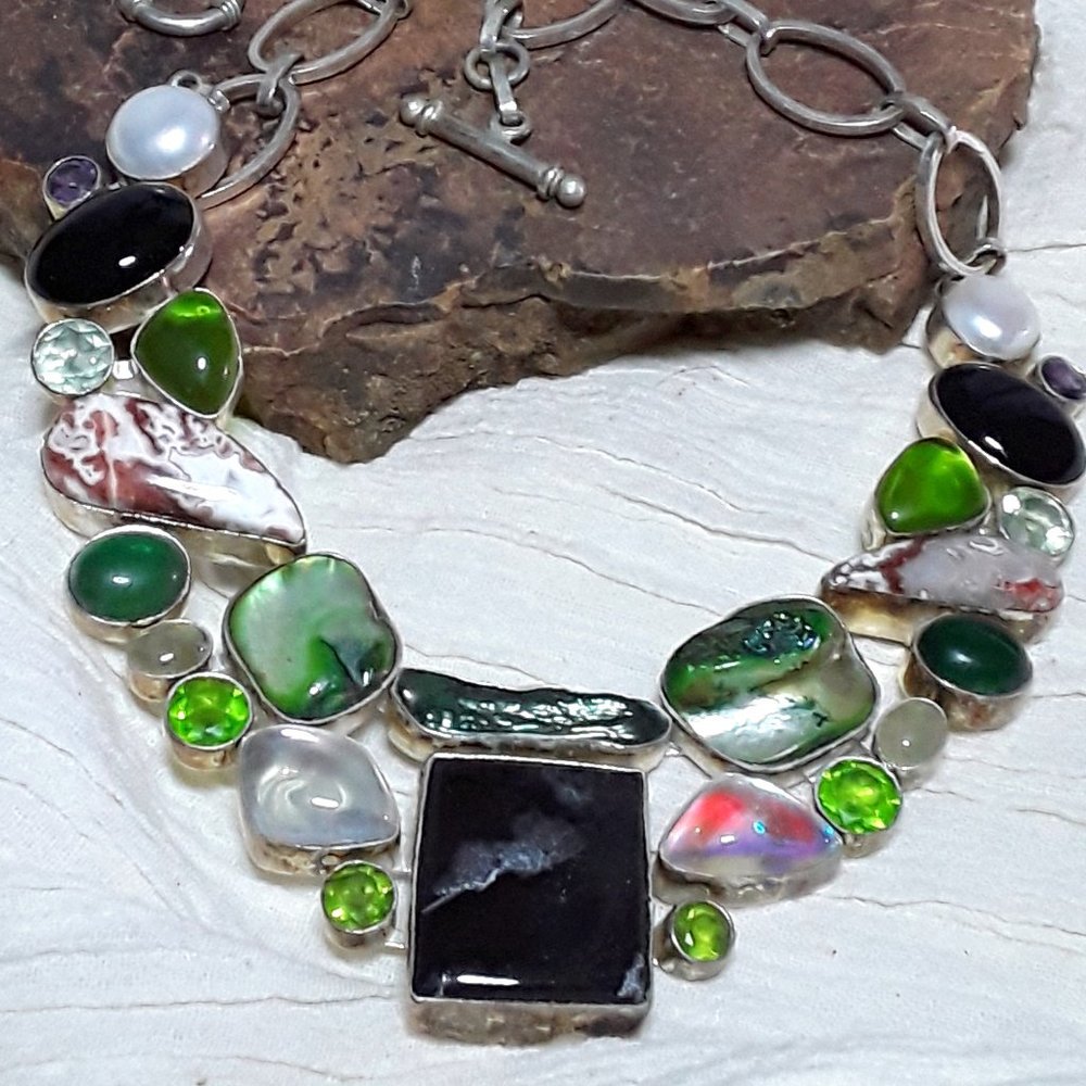 Awesome Sterling Multi Gemstone Peridot, Amethyst, Free Form Statement Necklace